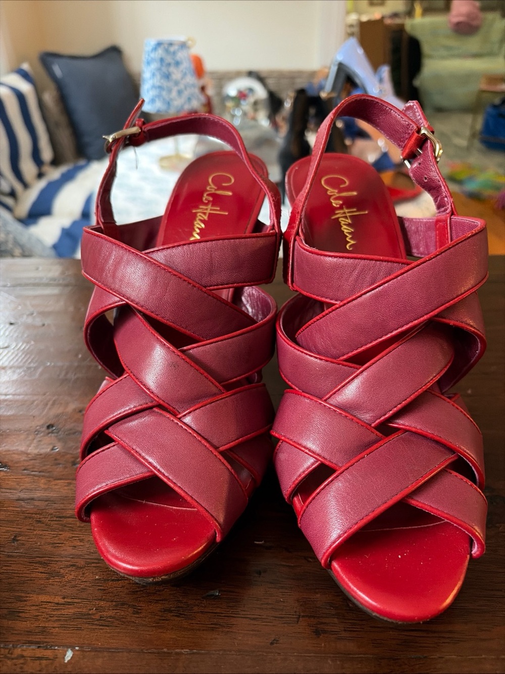 Cole Haan Red Leather Crisscross Ankle Strap Heels